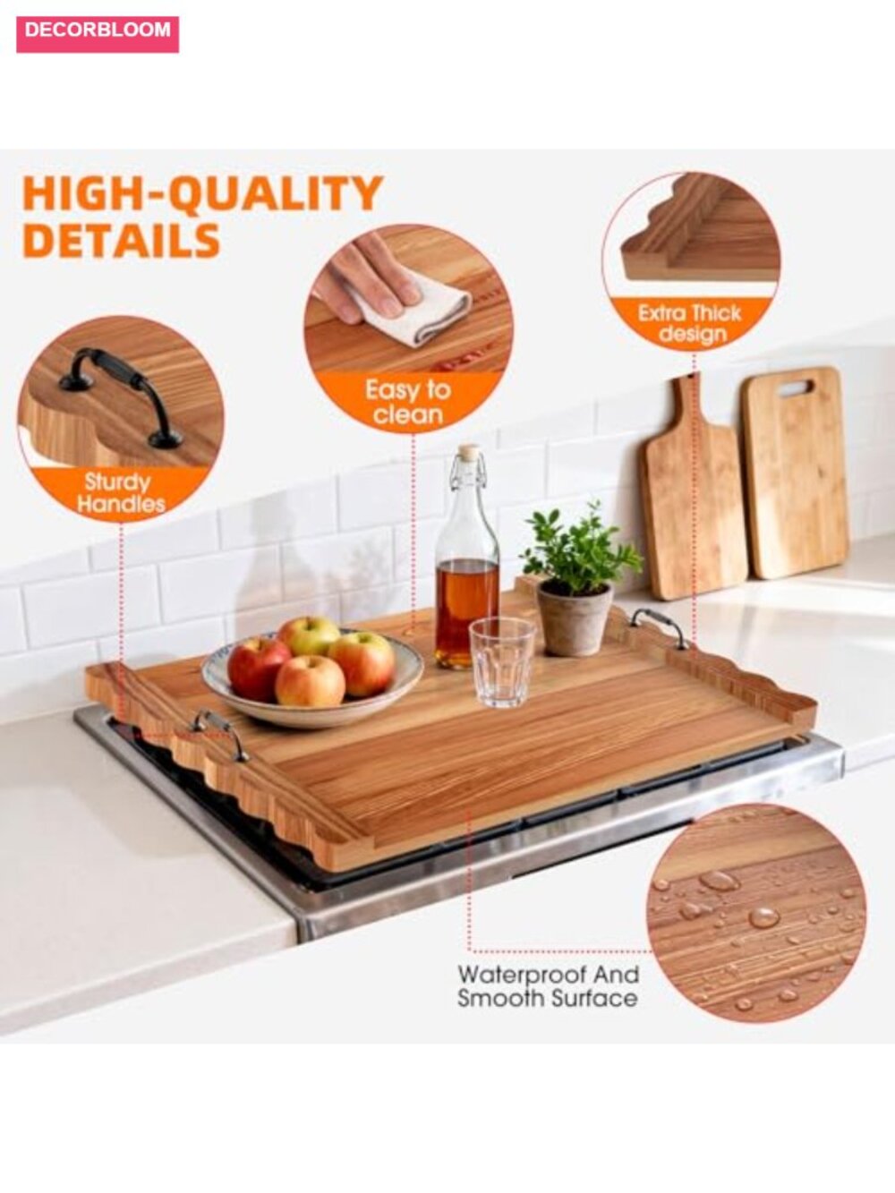 Acacia Wood Stove Top Cover, Wave Edge Cutting Board & Serving Tray for Kitchen - Picture 2 of 6